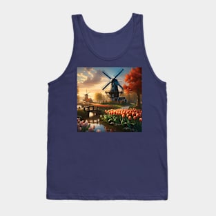 Windmill in Dutch Countryside by River with Tulips Tank Top